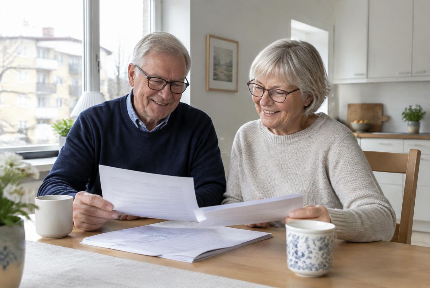 Leende pensionerat par läser pensionsdokument tillsammans vid köksbordet