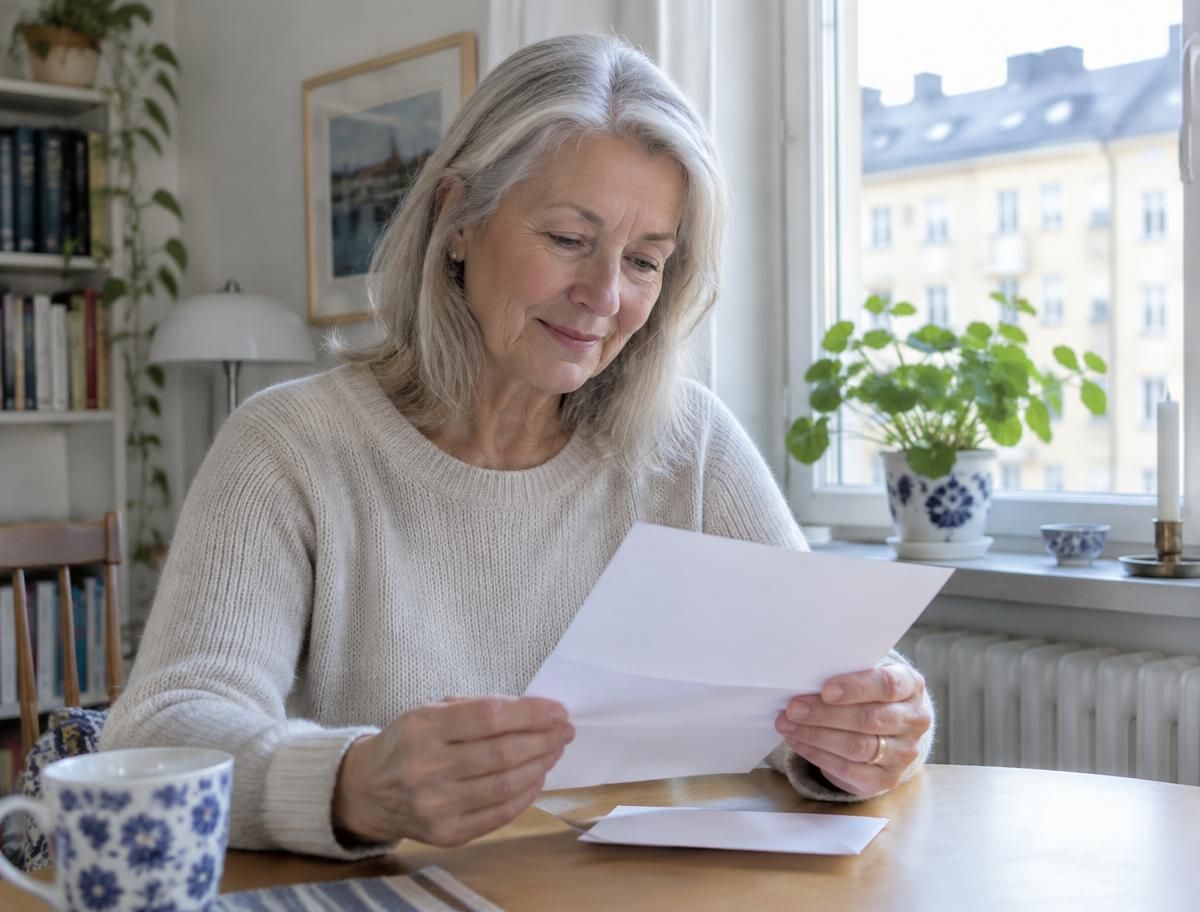 Kvinna läser ett brev med pensionsbesked vid köksbordet