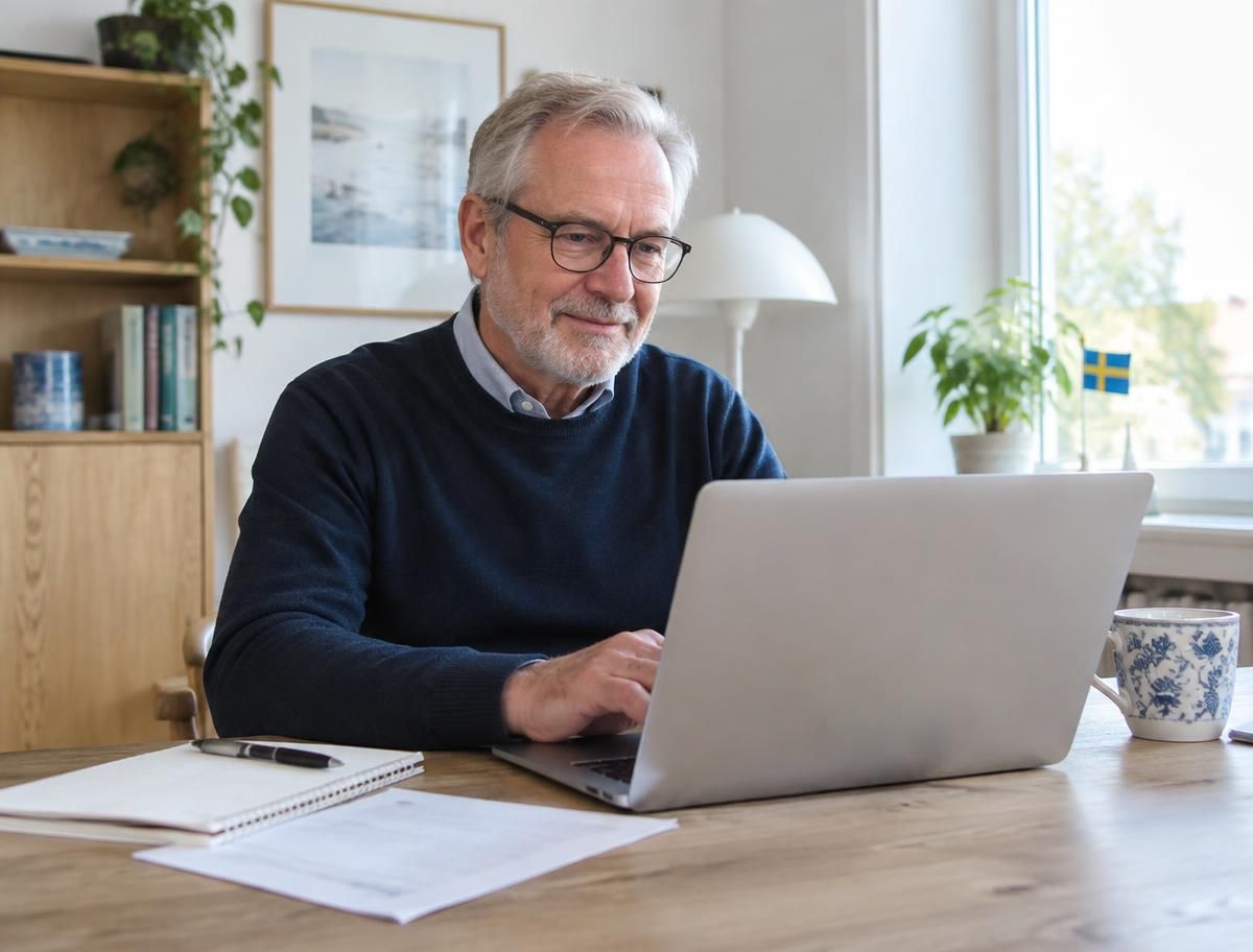 Äldre man går igenom sin tjänstepension vid datorn hemma