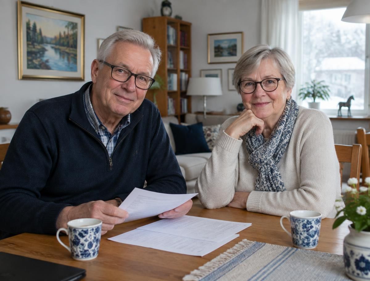 Äldre par sitter vid bordet med pensionspapper och kaffe