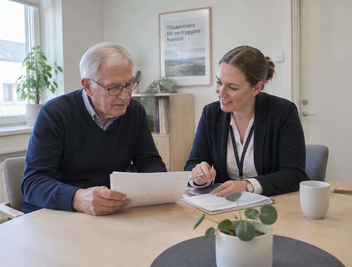 Pensionär går igenom dokument tillsammans med en vägledare från Nordpension