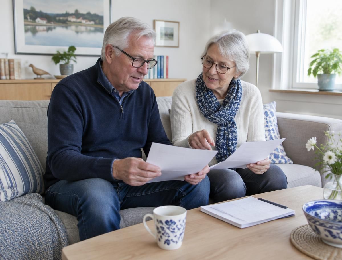 Pensionerat par samtalar om sina dokument i soffan